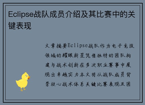 Eclipse战队成员介绍及其比赛中的关键表现