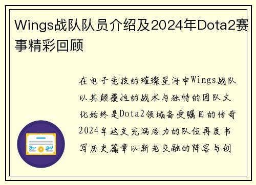 Wings战队队员介绍及2024年Dota2赛事精彩回顾